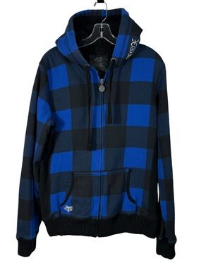 Vintage Y2K Fox Racing Blue Black Plaid Sherpa Fur Trim Metallic Logo Jacket XL